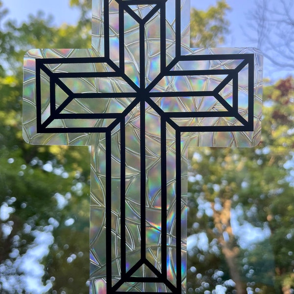 Cross Window Cling - Stained Glass Rainbow Holographic Window Cling