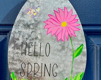 Hello Spring Metal Wall Decor - Dipinto e decalcomania in vinile Segno di primavera in metallo