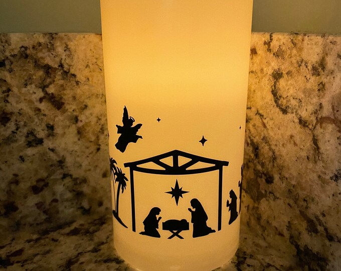 LED Flameless Candle With Nativity Scene Nativity Candle Etsy
