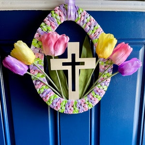 Easter Wreath with Tulips & Cross - Pastel Easter Egg Wreath - Spring Wreath