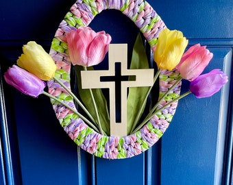 Tulip Easter Wreath: Pastel Egg & Wooden Cross Spring Decor