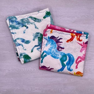 Set of 2 Cloth Napkins - Reusable Unicorn & Horse Napkins - Cotton Flannel Napkins