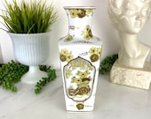 Vintage Gold Imari Vase Yellow Rickshaw and Cherry Blossom Vase Yellow Chinoiserie Vase Yellow Imari Vintage Chinoiserie