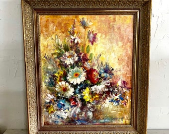 Very Large Vintage Original Framed Floral Painting Colorful Flowers