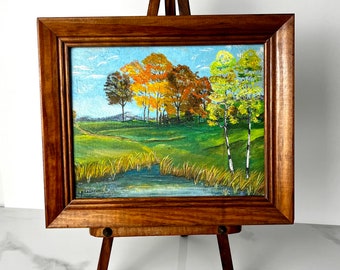 Vintage Framed Art | Oil Painting on Canvas Panel | Wood Stand Easel | Original Landscape Painting | Lake Paining | Original Art