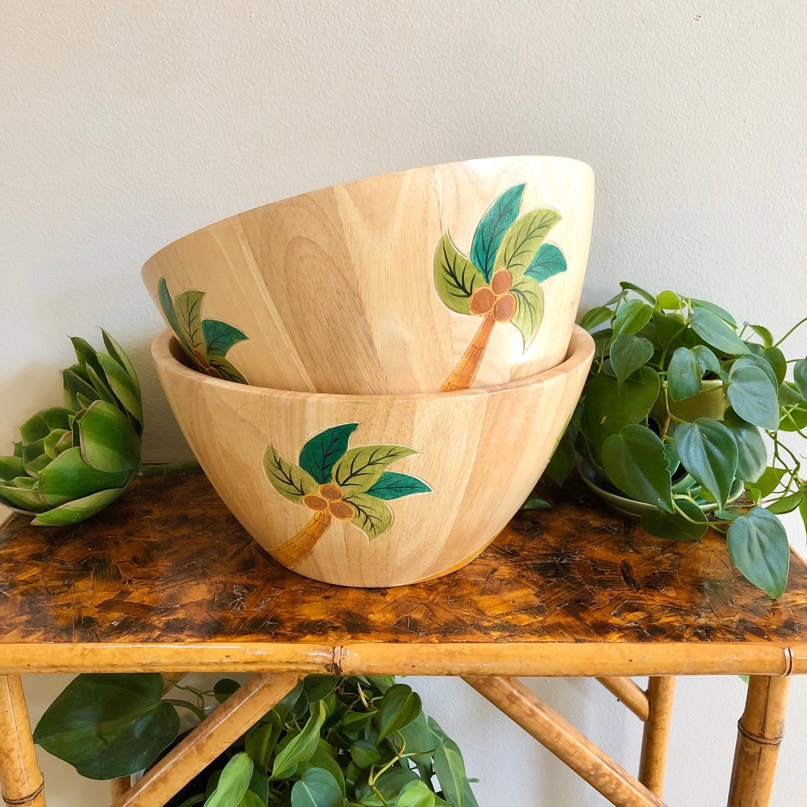 Large Wood Serving Bowl Palm Tree Design Two available Etsy