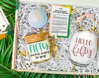 Hello Fifty Birthday in A Box, 50th Birthday Self Care Gift Basket, Candle Spa Set, 50 Gift for Her