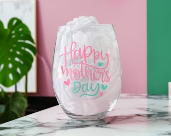 Happy Mother's Day Light Pink and Mint Wine Glass - Small Mother's Day Gift for Her - Personalized Stemless Wine Glass