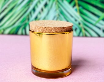 Gold Metallic Coconut Wax Scented Candle | 7 oz Colorful Glass Candle Container with Cork Lid, Choose Your Scent