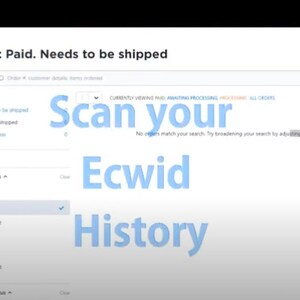 Op de afbeelding: Schermafbeelding van een Ecwid online winkel dashboard met een lijst van bestellingen die zijn betaald en verzonden moeten worden. De zoekbalk zegt "Scan uw Ecwid-geschiedenis".