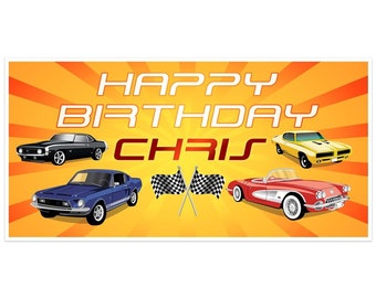 Home Garden Flaming Hot Rod Classic Car Birthday Banner Vintage