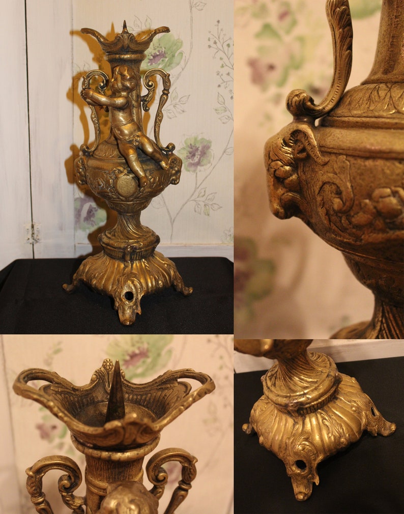 Antique bronze candelabra in vase shape ornated with figurine image 0