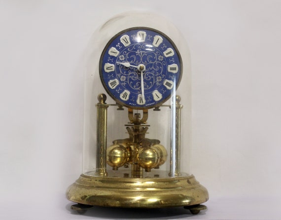 Vintage Kern & Sohne Anniversary Clock: Blue Dial, Glass Dome