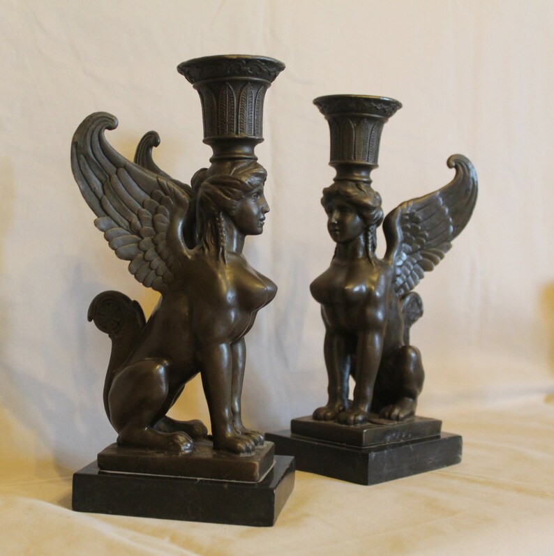 Pair of Bronze candle holder in figure of Sphinx-woman Seal image 0