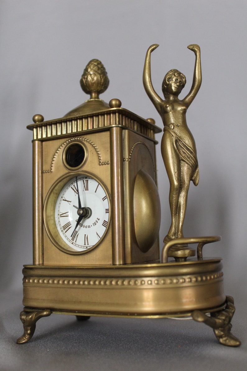 Vintage 1992 Germany brass  musical alarm clock and figurine image 0