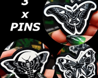 3 x Pins - Death Moth + Atlas Moth + Peacock Butterfly - wooden pins