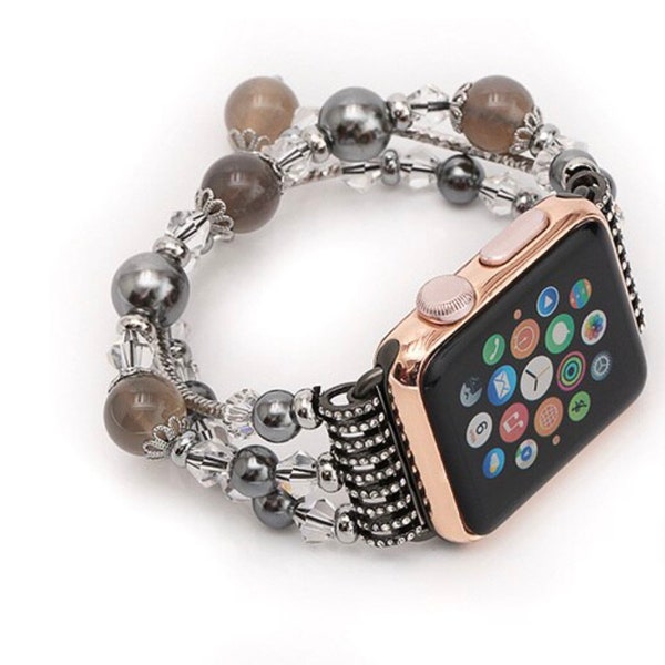 Gris & Argent Pierres Perles Perles Bracelet Élastique Bracelet Bracelet Bracelet de remplacement Ajustement Apple Watch IWatch 38mm 40mm 42mm 44mm Femmes