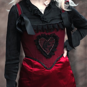 Valentine's Day corset Romantic goth Victorian heart embroidered with pearls and lace image 1