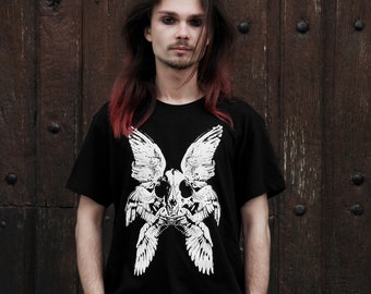 T-Shirt Siebdruck Gothic Grunge Alternative Biblischer Engel Geflügelter Katzenschädel in