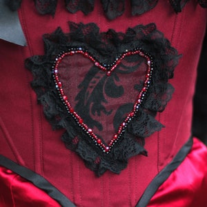 Valentine's Day corset Romantic goth Victorian heart embroidered with pearls and lace image 7