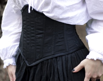 Schwarzes Taillengürtel-Korsett im viktorianischen Gothic-Stil mit Blumenmuster