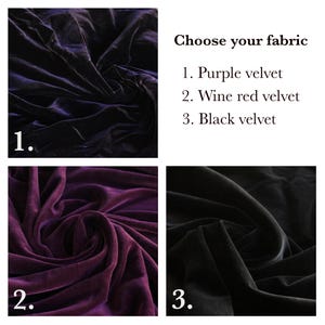 May include: An image showcasing three swatches of velvet fabric in different colors. The options are purple, wine red, and black. The text "Choose your fabric" is displayed above the swatches, with numbered labels for each color option.