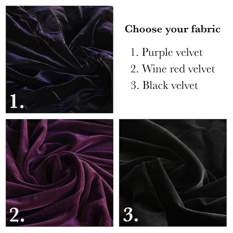 May include: An image showcasing three swatches of velvet fabric in different colors. The options are purple, wine red, and black. The text "Choose your fabric" is displayed above the swatches, with numbered labels for each color option.