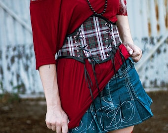 Tartan burgundy green grunge waist cincher corset | Alternative waist cincher | Handmade