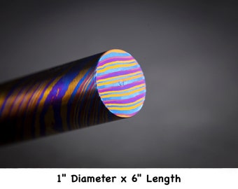 Pieza de titanio de Damasco (4 aleaciones / patrón de torsión) de 1&quot; de diámetro x 6&quot; de largo (25,4 mm x 150 mm) ~ Metales exóticos - Material de arte - Material exclusivo