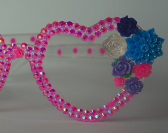 Bespoke Barbie core pink crystal heart and floral sunglasses