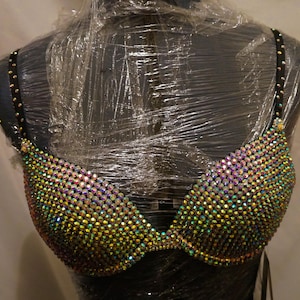 Custom Rhinestone Bra, Size 34B, Rainbow Crystal Rave/Festival Top