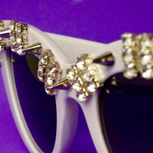 The Glam Rock Edition, Hand Embellished With Spikes and 1980s Vintage Crystals on White Cat Eye frames