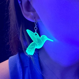 Neon Green Fluorescent Hummingbird earrings Blacklight activated glow