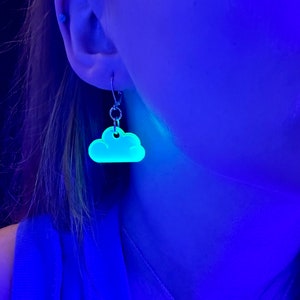 Neon Green Fluorescent Cloud earrings Blacklight activated glow