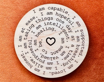 Positive thought spiral wooden engraved coaster