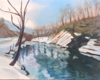 Maryland Art original painting 11" x 14" titled "A Winter's Evening Settles on Deer Creek".