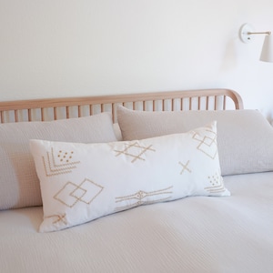 Extra Long Lumbar Pillow with Down Insert – Neutral and Gold Stitched Decorative Bolster Pillow for Bed, Sofa, or Bench