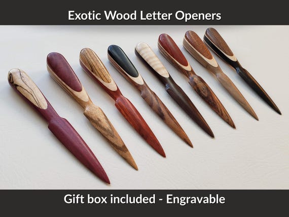 Handmade Wooden Letter Opener – Exotic Hardwood Desk Tool – Ambidextrous – Personalized Engraved Gift for Him, Her, Office or Coworker
