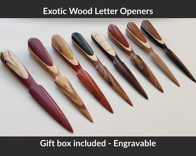 Featured listing image: Handmade Wooden Letter Opener – Exotic Hardwood Desk Tool – Ambidextrous – Personalized Engraved Gift for Him, Her, Office or Coworker