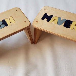 Children's Puzzle Bench up to 8 letters FREE US SHIPPING Customized Personalized Kids Name Step Stool Navy/Yellow/Grey