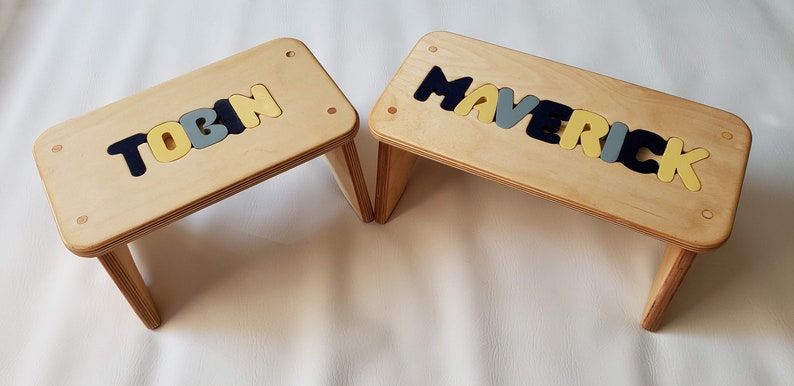 Children's Puzzle Bench up to 8 letters FREE US SHIPPING Customized Personalized Kids Name Step Stool Navy/Yellow/Grey