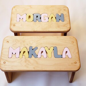 Children's Puzzle Bench up to 8 letters FREE US SHIPPING Customized Personalized Kids Name Step Stool Pink/Yellow/Grey