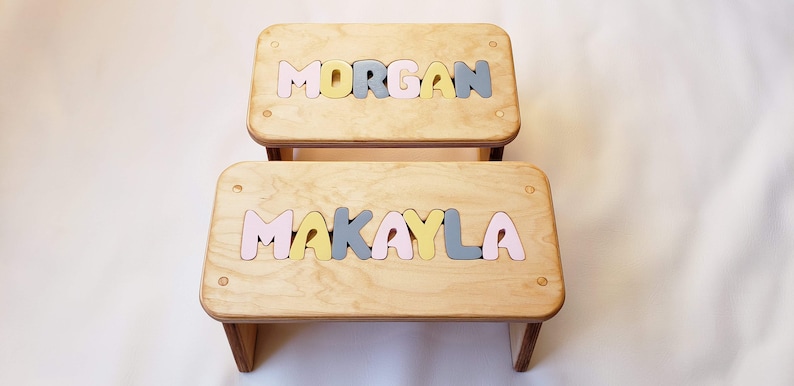 Children's Puzzle Bench up to 8 letters FREE US SHIPPING Customized Personalized Kids Name Step Stool Pink/Yellow/Grey