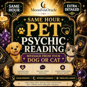 Puede incluir: Un gráfico digital para MoonFoxOracle con el texto SAME HOUR PET PSYCHIC READING MESSAGE FROM YOUR DOG OR CAT. El diseño incluye ilustraciones de un cachorro dorado y un gato atigrado gris, rodeados de cristales, cartas de tarot y velas.