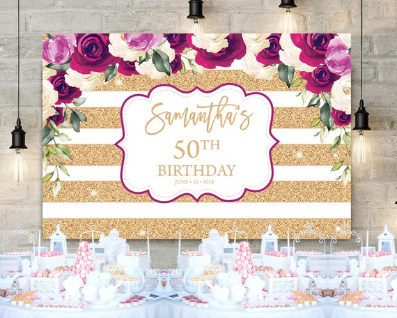 50th Birthday Backdrop Party Decor Burgundy Gold And Blush Etsy