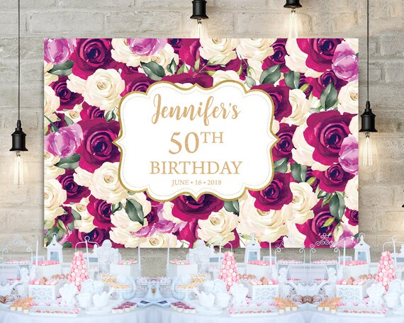 Burgundy Gold And Blush White Roses 50th Birthday Backdrop Etsy