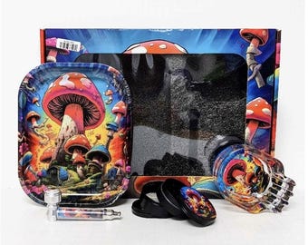 May include: A colorful mushroom-themed set featuring a rolling tray, grinder, and a skull-shaped ashtray. The tray and grinder have vibrant illustrations of mushrooms. The set includes a metal pipe and a box with a mushroom design.