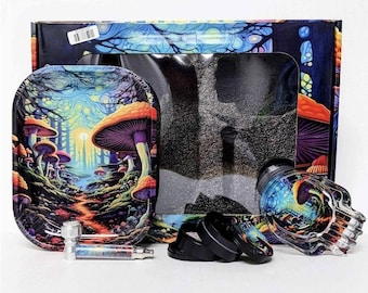 May include: A psychedelic-themed gift set featuring a rolling tray, skull-shaped glass jar, grinder, and a smoking pipe. The tray and jar have colorful mushroom and forest designs. The set is packaged in a box with matching artwork.