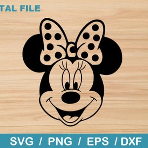 Op de afbeelding: Zwart-wit Minnie Mouse gezichtsontwerp. De afbeelding toont een lachend cartoongezicht met een stippenstrik en de woorden "DIGITAL FILE" bovenaan. De onderkant van de afbeelding bevat de woorden "SVG / PNG / EPS / DXXF".