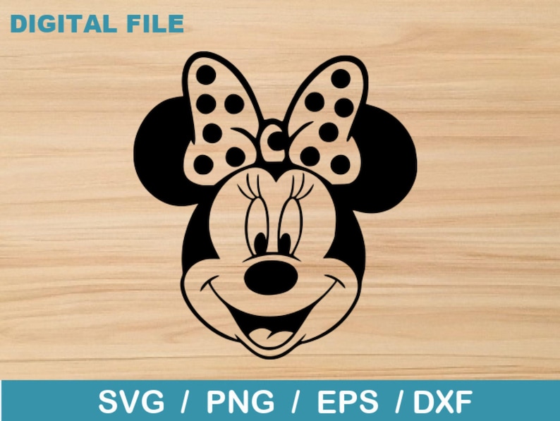Op de afbeelding: Zwart-wit Minnie Mouse gezichtsontwerp. De afbeelding toont een lachend cartoongezicht met een stippenstrik en de woorden "DIGITAL FILE" bovenaan. De onderkant van de afbeelding bevat de woorden "SVG / PNG / EPS / DXXF".